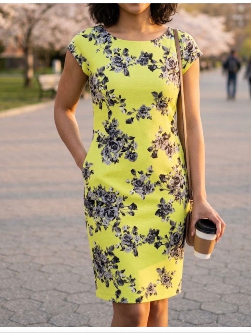 ECI neon yellow dress features a black floral print, cap sleeves, Size M